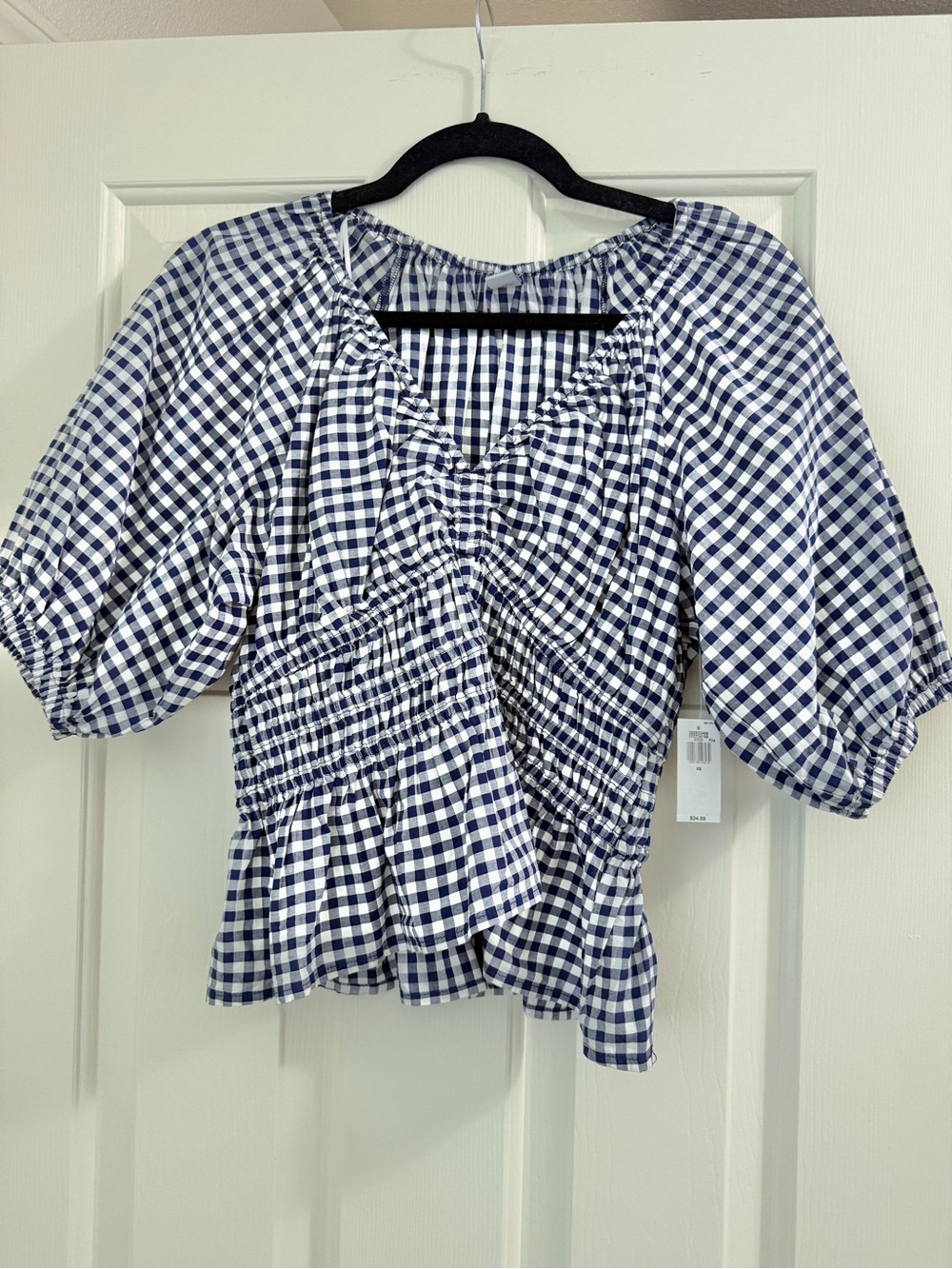 NWT Old Navy Blue Gingham Puff-Sleeve Women’s Top